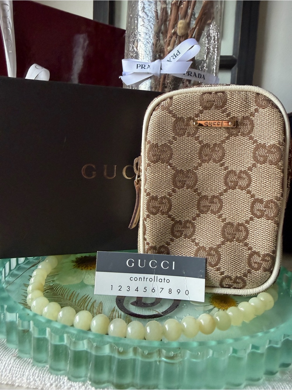 Gucci Brown Beige GG Monogram Canvas Mini Pouch
